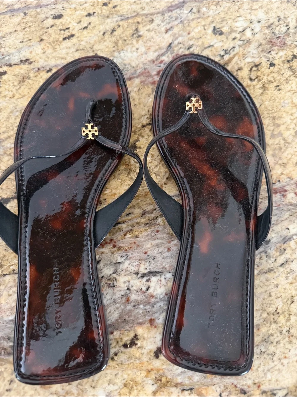 Tory Burch Black Strappy Sandals with Tortoiseshell Patent Footbed